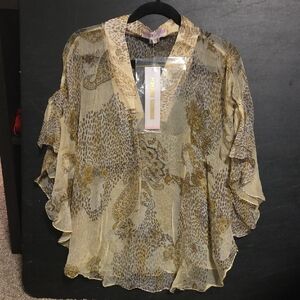 Monique Leshman Sheer Paisley Floral Ruffle Blouse in Beige and Gold